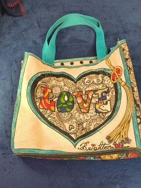Brighton Cream Tote with Teal Handles and Multicolor LOVE Heart